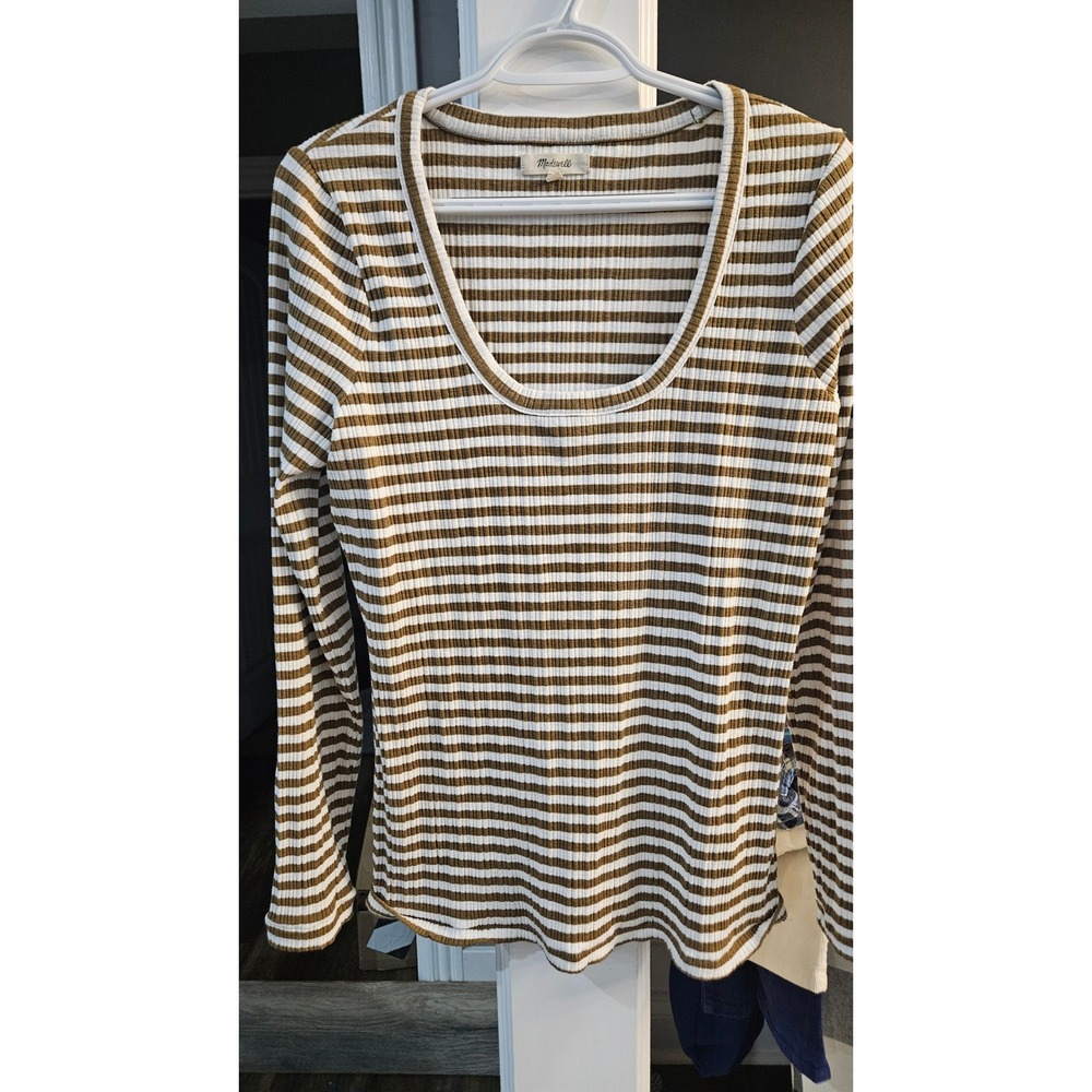 Madewell Striped Ribbed Long Sleeve Scoop Neck Top Brown White XL
